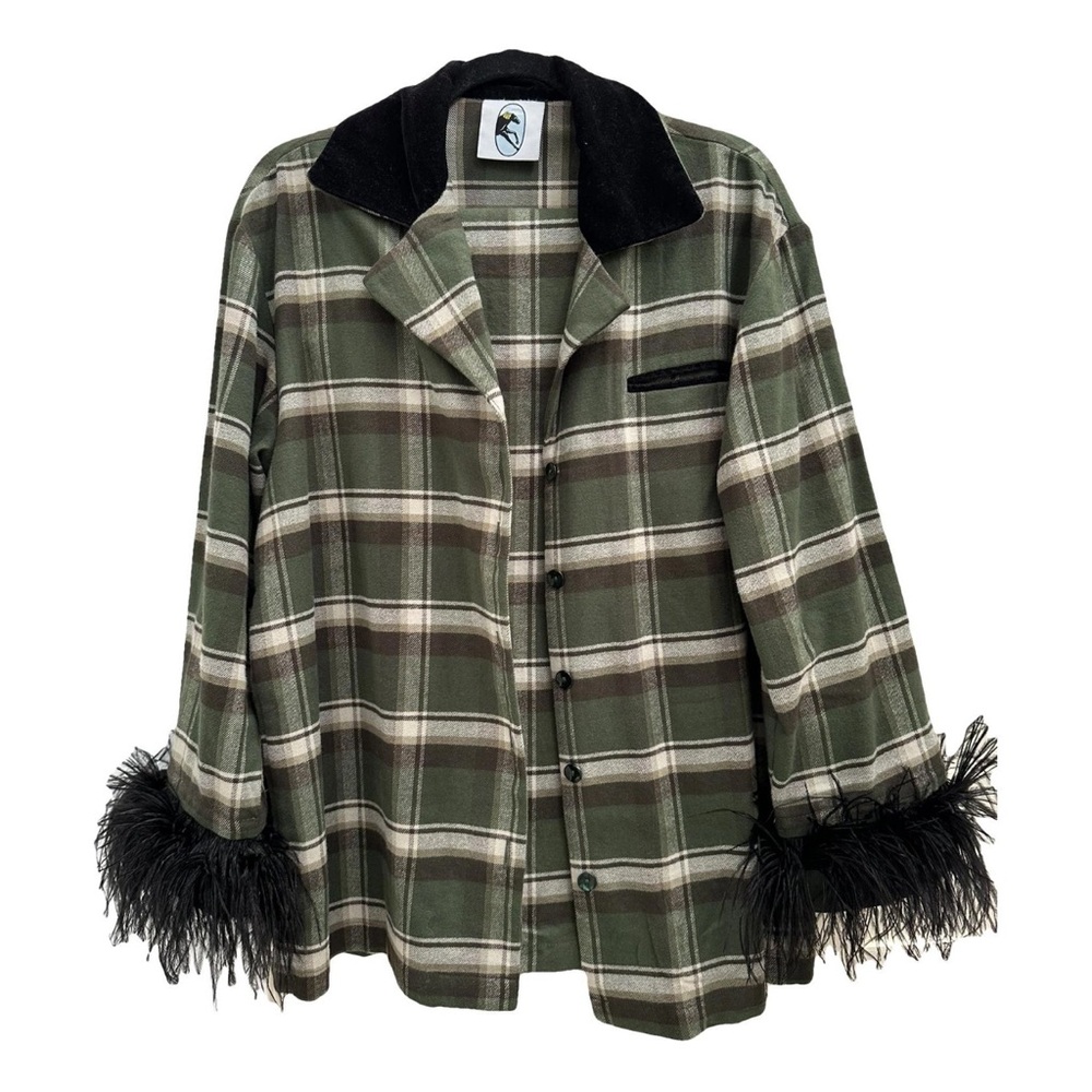 Sleeper Plaid Two Piece Matching Set with Black Feather Cuffs - Top+Trousers